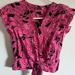 Marisa Christina Pink and Black Floral Tie-Front Blouse with shoulder pads